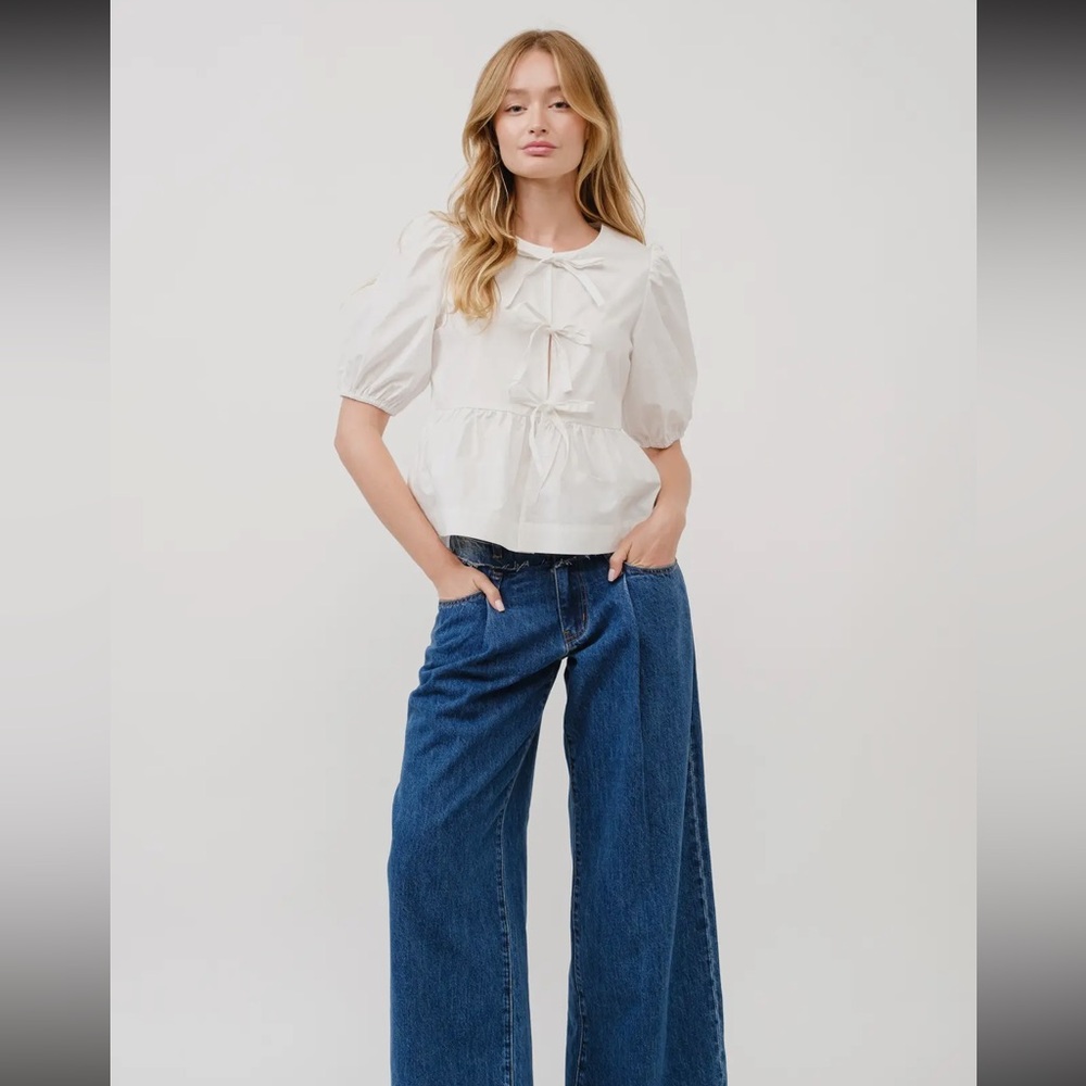 Poplin white front tie peplum top